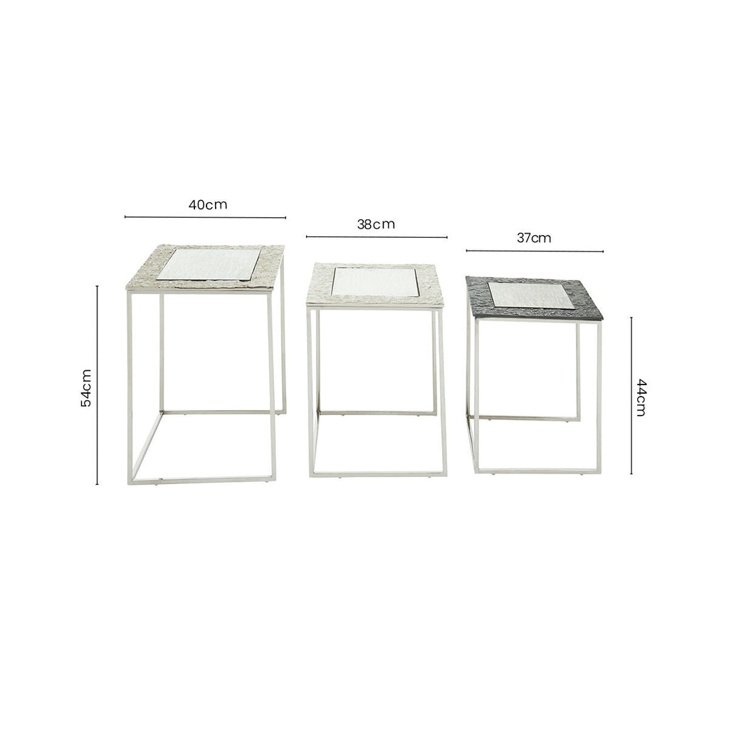 Antique Glass Top Rectangular Set Of 3 Nesting Side Tables With Nickel & Gunmetal Frame, Akola