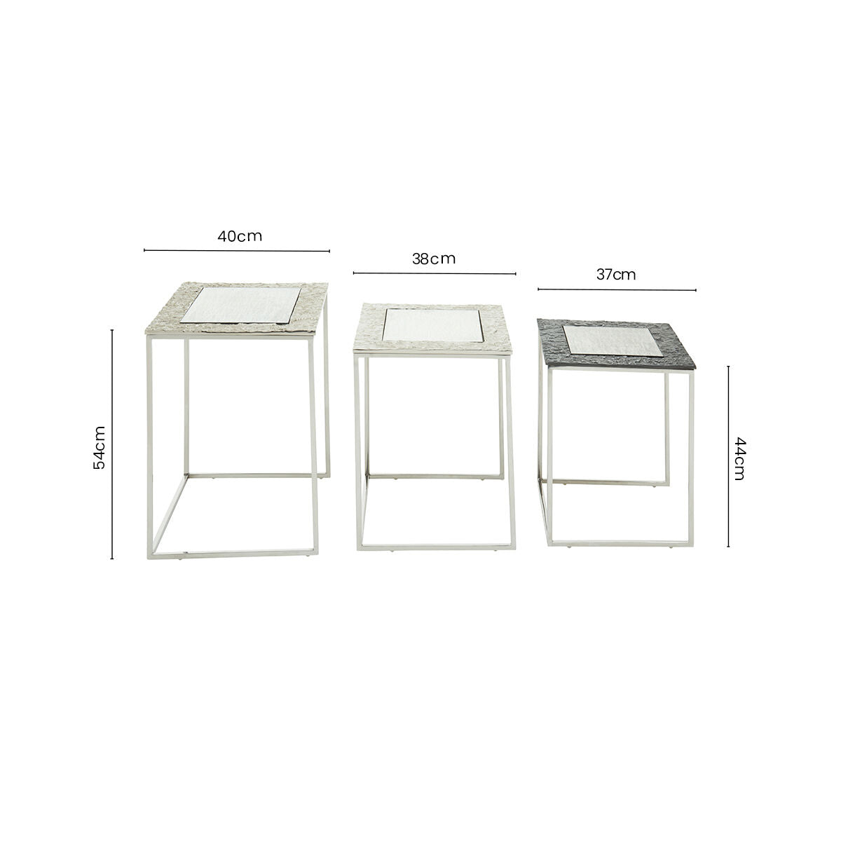 Antique Glass Top Rectangular Set Of 3 Nesting Side Tables With Nickel & Gunmetal Frame, Akola