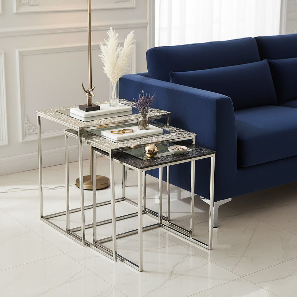 Antique Glass Top Rectangular Set Of 3 Nesting Side Tables With Nickel & Gunmetal Frame, Akola