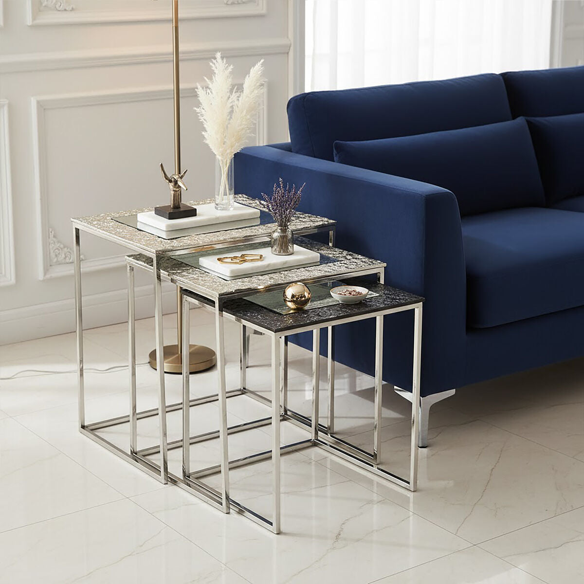 Antique Glass Top Rectangular Set Of 3 Nesting Side Tables With Nickel & Gunmetal Frame, Akola