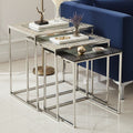 Antique Glass Top Rectangular Set Of 3 Nesting Side Tables With Nickel & Gunmetal Frame, Akola
