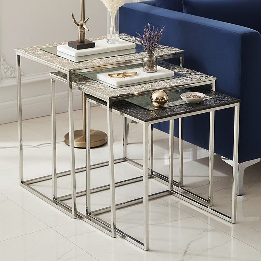 Antique Glass Top Rectangular Set Of 3 Nesting Side Tables With Nickel & Gunmetal Frame, Akola
