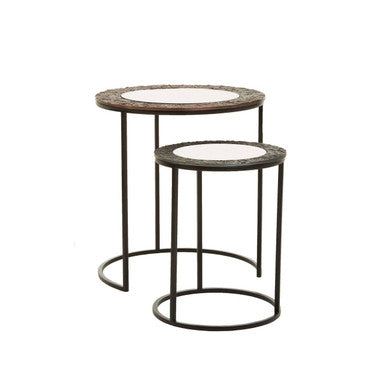 Antique Copper & Gunmetal Set Of 2 Round Nesting Side Tables With Antiqued Glass Tops & Black Metal Frame, Akola