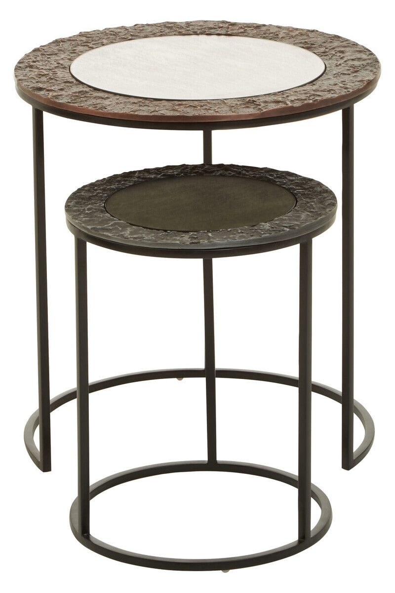 Antique Copper & Gunmetal Set Of 2 Round Nesting Side Tables With Antiqued Glass Tops & Black Metal Frame, Akola