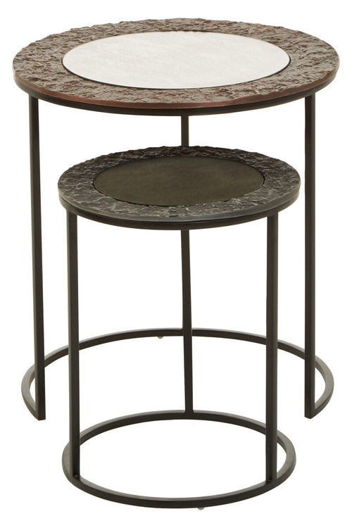 Antique Copper & Gunmetal Set Of 2 Round Nesting Side Tables With Antiqued Glass Tops & Black Metal Frame, Akola