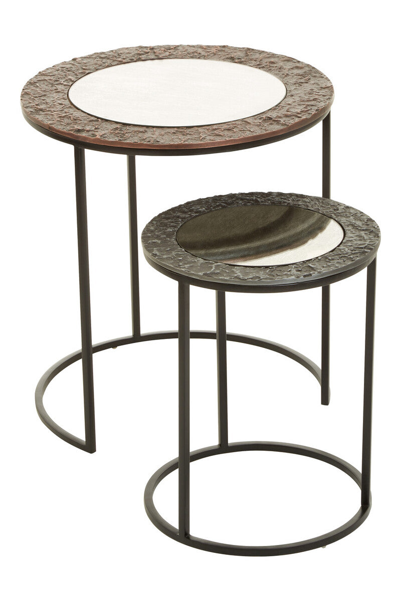 Antique Copper & Gunmetal Set Of 2 Round Nesting Side Tables With Antiqued Glass Tops & Black Metal Frame, Akola