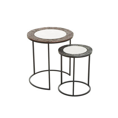 Antique Copper & Gunmetal Set Of 2 Round Nesting Side Tables With Antiqued Glass Tops & Black Metal Frame, Akola