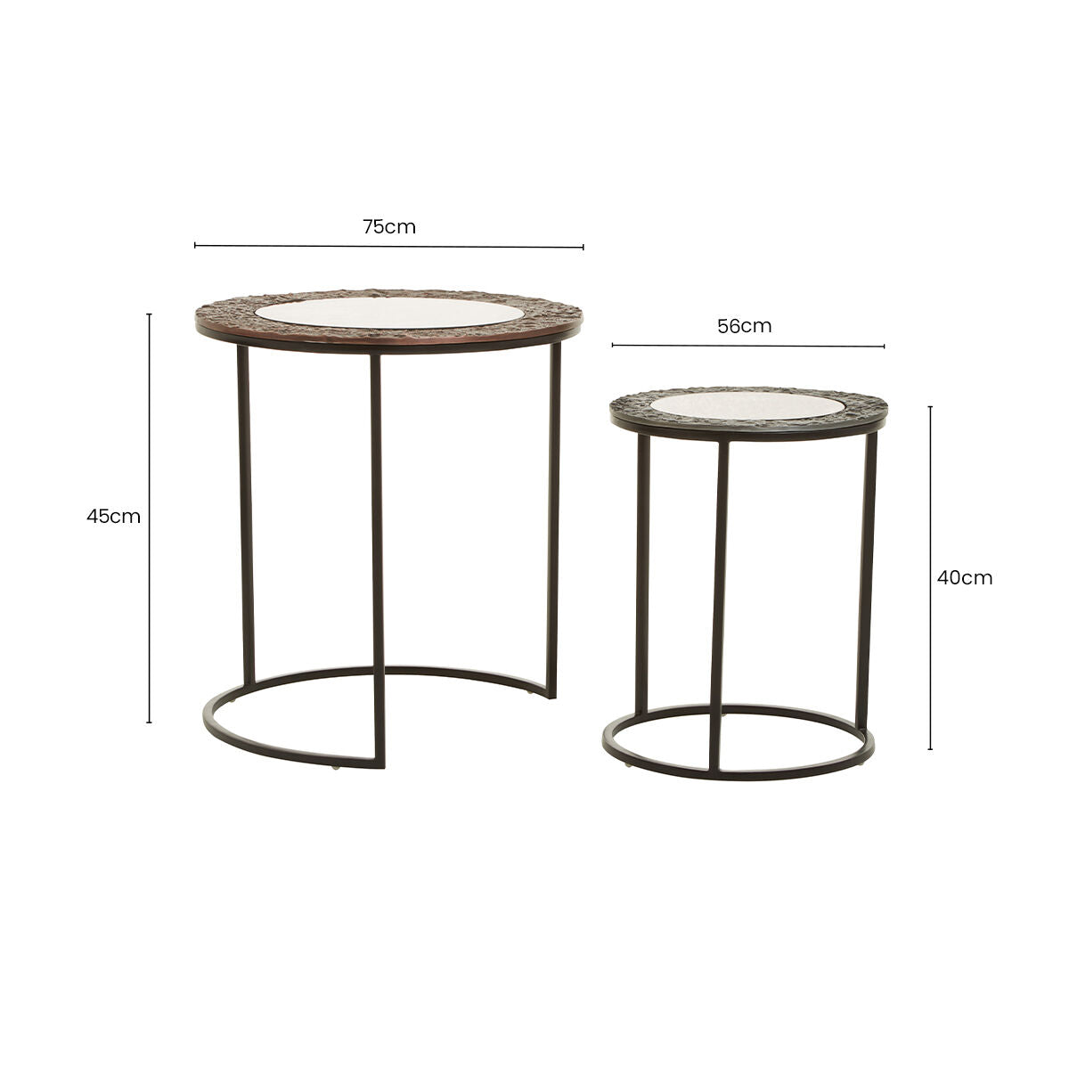 Antique Copper & Gunmetal Set Of 2 Round Nesting Side Tables With Antiqued Glass Tops & Black Metal Frame, Akola