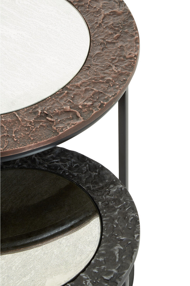 Antique Copper & Gunmetal Set Of 2 Round Nesting Side Tables With Antiqued Glass Tops & Black Metal Frame, Akola