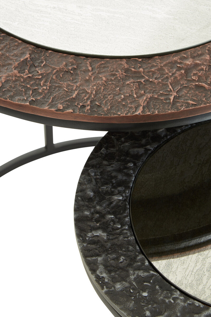 Antique Copper & Gunmetal Set Of 2 Round Nesting Side Tables With Antiqued Glass Tops & Black Metal Frame, Akola