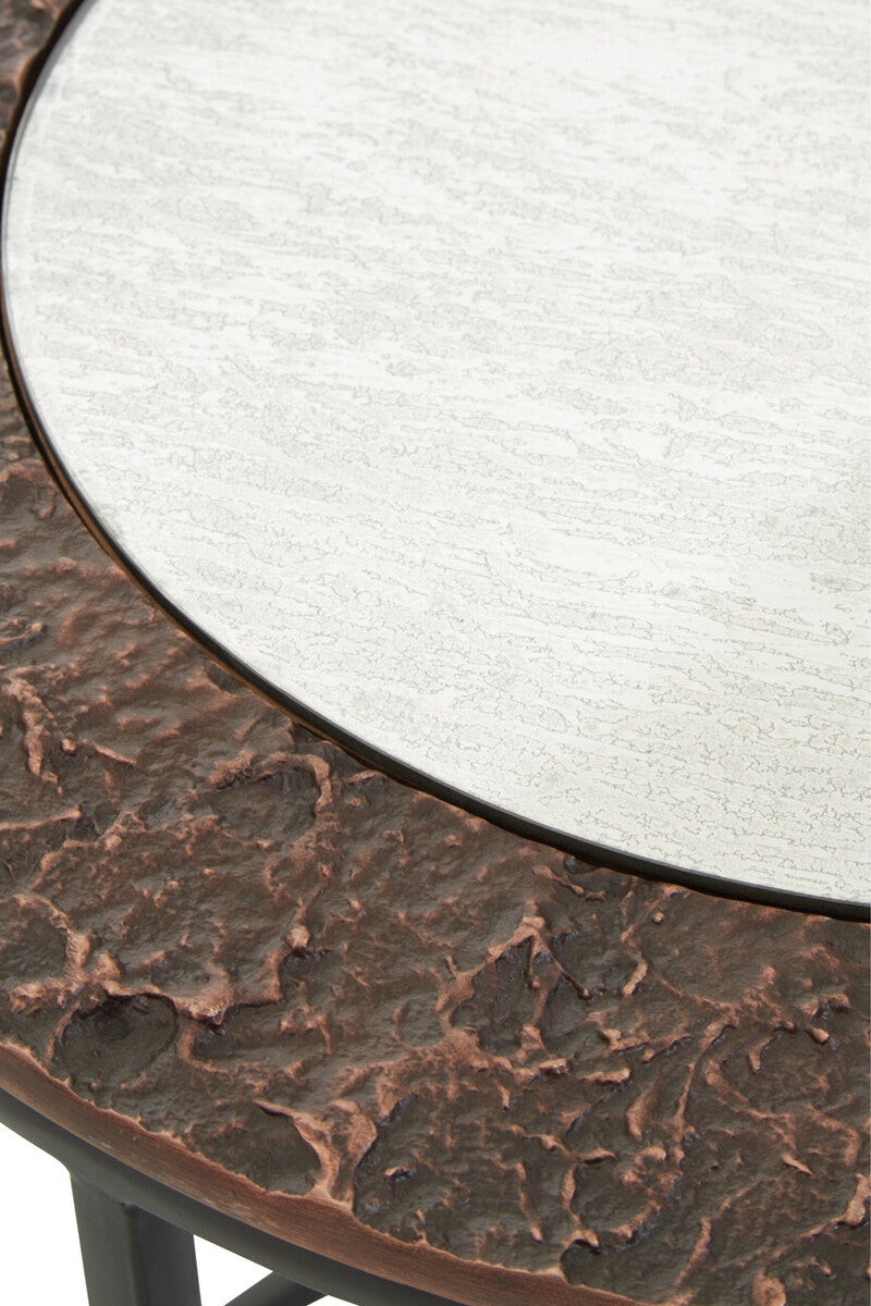 Antique Copper & Gunmetal Set Of 2 Round Nesting Side Tables With Antiqued Glass Tops & Black Metal Frame, Akola