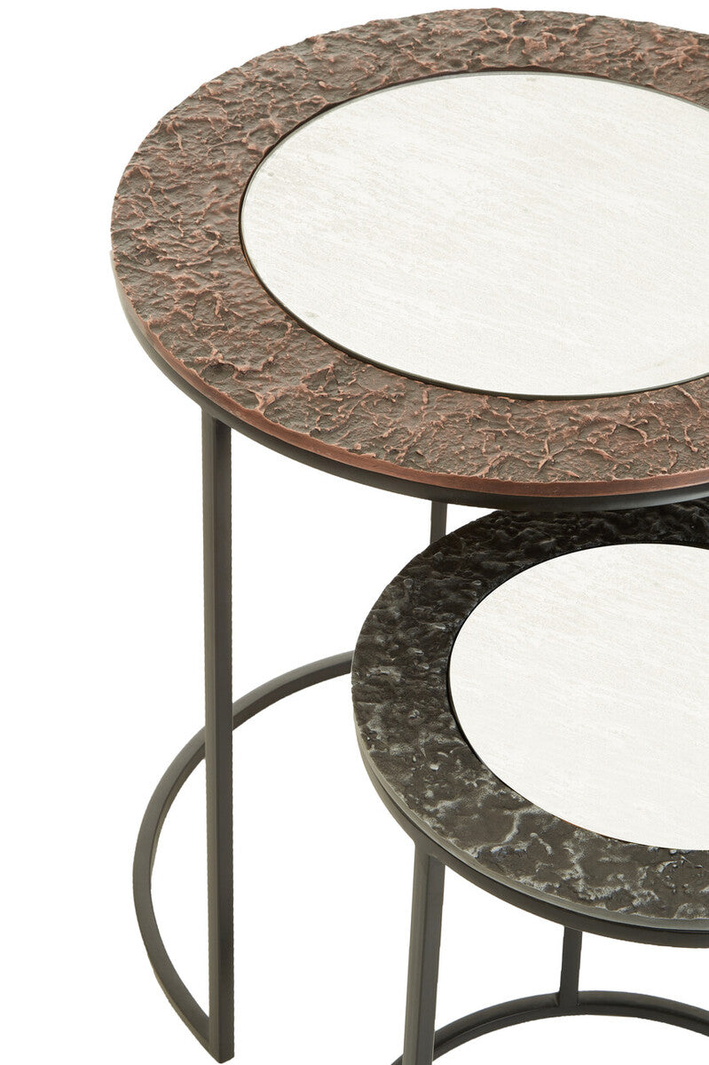 Antique Copper & Gunmetal Set Of 2 Round Nesting Side Tables With Antiqued Glass Tops & Black Metal Frame, Akola