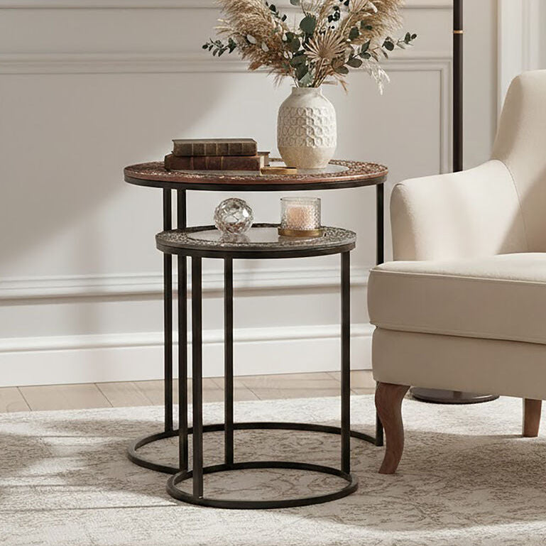 Antique Copper & Gunmetal Set Of 2 Round Nesting Side Tables With Antiqued Glass Tops & Black Metal Frame, Akola