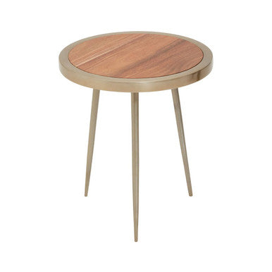 Natural Acacia Wood Small Round Side Table With Gold Aluminium Border & Legs, Almora