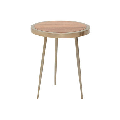 Natural Acacia Wood Small Round Side Table With Gold Aluminium Border & Legs, Almora