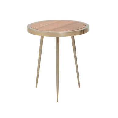 Natural Acacia Wood Small Round Side Table With Gold Aluminium Border & Legs, Almora