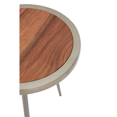 Natural Acacia Wood Small Round Side Table With Gold Aluminium Border & Legs, Almora
