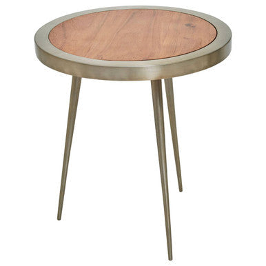 Natural Acacia Wood Round Side Table With Gold Aluminium Border & Legs, Almora
