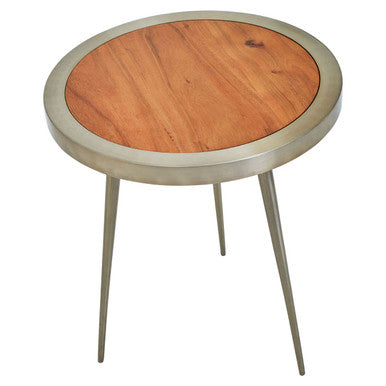 Natural Acacia Wood Round Side Table With Gold Aluminium Border & Legs, Almora