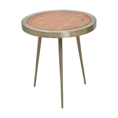 Natural Acacia Wood Round Side Table With Gold Aluminium Border & Legs, Almora