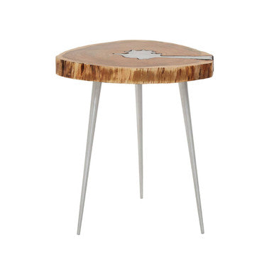 Natural Acacia Wood Slice Side Table With Silver Metal Centre & Aluminium Legs, Almora
