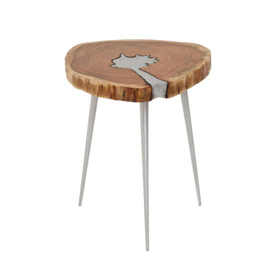 Natural Acacia Wood Slice Side Table With Silver Metal Centre & Aluminium Legs, Almora