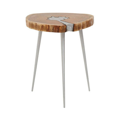 Natural Acacia Wood Slice Side Table With Silver Metal Centre & Aluminium Legs, Almora