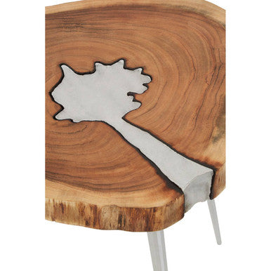 Natural Acacia Wood Slice Side Table With Silver Metal Centre & Aluminium Legs, Almora