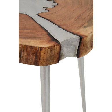 Natural Acacia Wood Slice Side Table With Silver Metal Centre & Aluminium Legs, Almora
