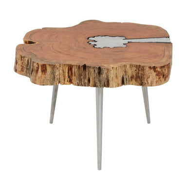 Natural Acacia Wood Log Slice Coffee Table With Silver Centre Detail & Aluminium Splayed Legs, Almora