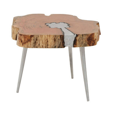 Natural Acacia Wood Log Slice Coffee Table With Silver Centre Detail & Aluminium Splayed Legs, Almora