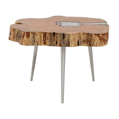 Natural Acacia Wood Log Slice Coffee Table With Silver Centre Detail & Aluminium Splayed Legs, Almora