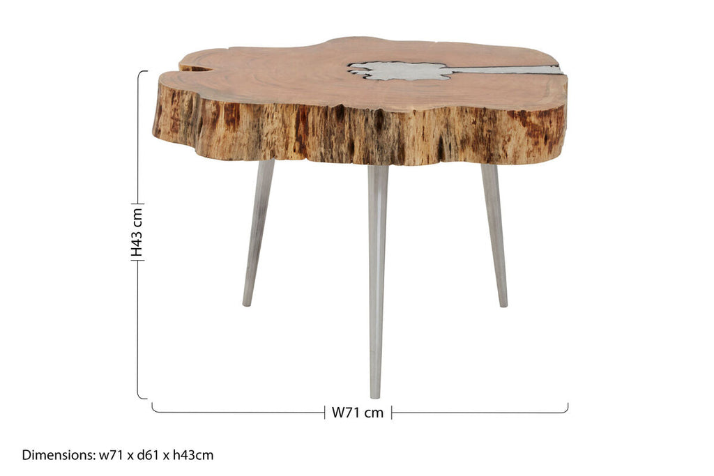 Natural Acacia Wood Log Slice Coffee Table With Silver Centre Detail & Aluminium Splayed Legs, Almora