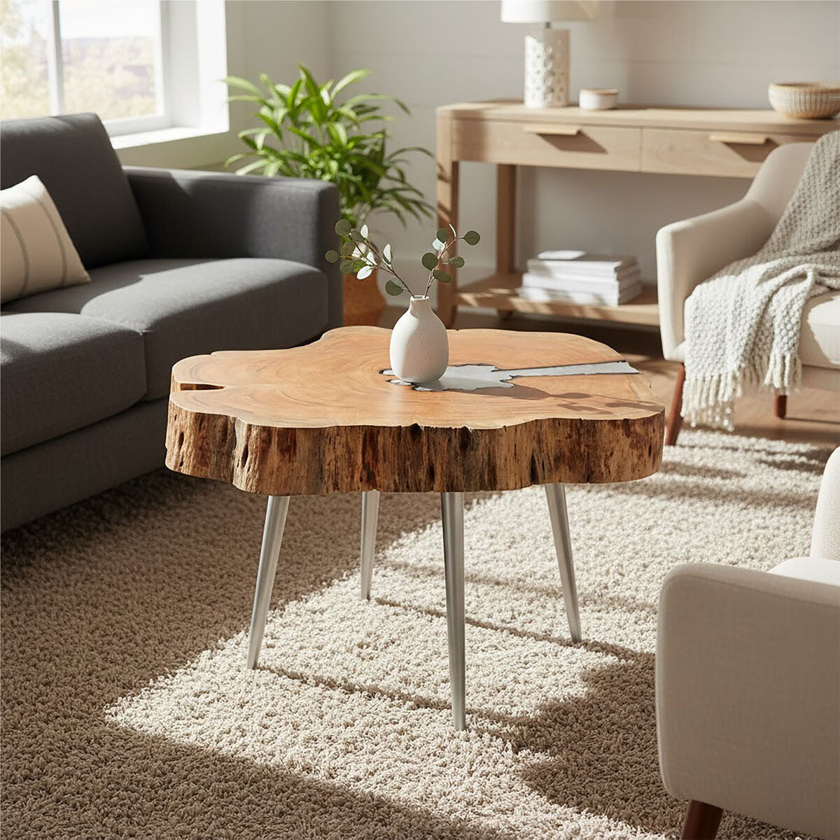 Natural Acacia Wood Log Slice Coffee Table With Silver Centre Detail & Aluminium Splayed Legs, Almora