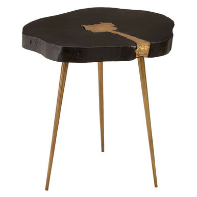 Black Acacia Wood Side Table With Gold Metal Inlay & Splayed Legs, Asamra