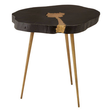 Black Acacia Wood Side Table With Gold Metal Inlay & Splayed Legs, Asamra