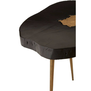 Black Acacia Wood Side Table With Gold Metal Inlay & Splayed Legs, Asamra