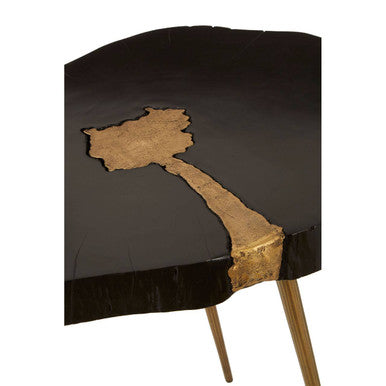 Black Acacia Wood Side Table With Gold Metal Inlay & Splayed Legs, Asamra