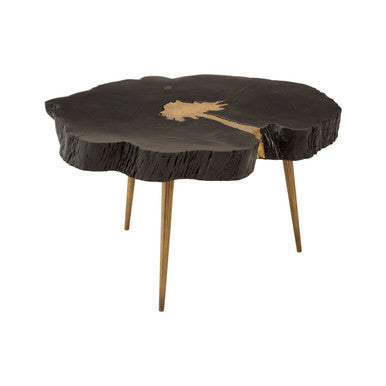 Black Acacia Wood Slice Side Table With Gold Metal Centre & Aluminium Legs, Asamra
