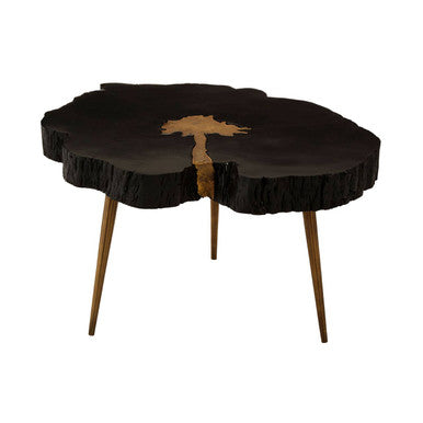 Black Acacia Wood Slice Side Table With Gold Metal Centre & Aluminium Legs, Asamra