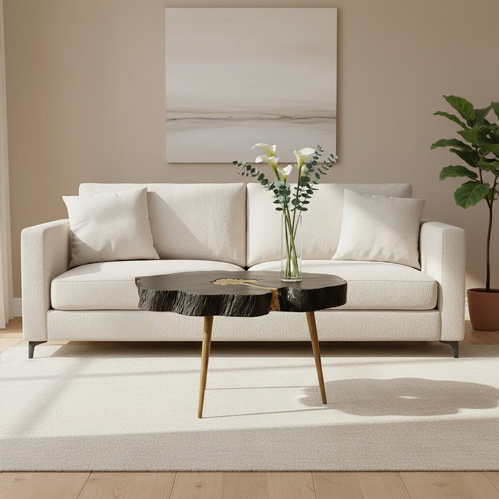Black Acacia Wood Slice Side Table With Gold Metal Centre & Aluminium Legs, Asamra