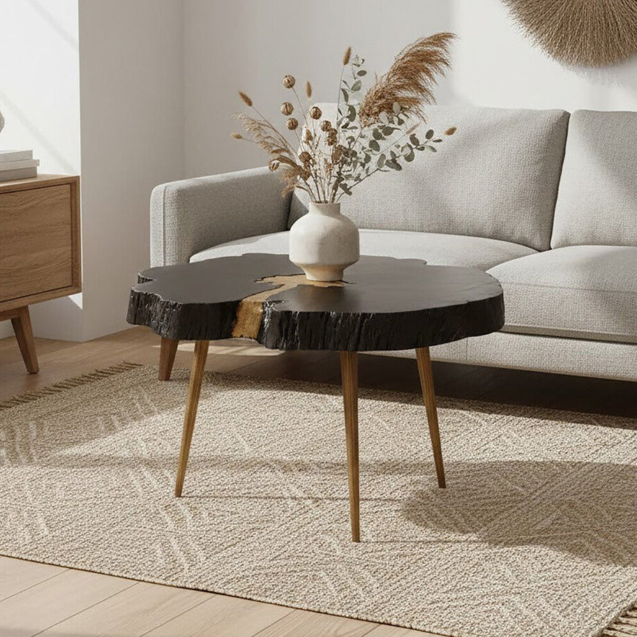 Black Acacia Wood Slice Side Table With Gold Metal Centre & Aluminium Legs, Asamra