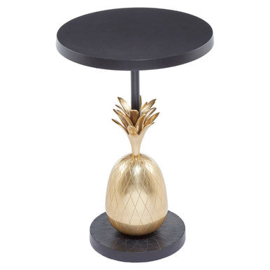 Black Iron Side Table With Antique Brass Pineapple Base, Boho