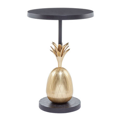 Black Iron Side Table With Antique Brass Pineapple Base, Boho