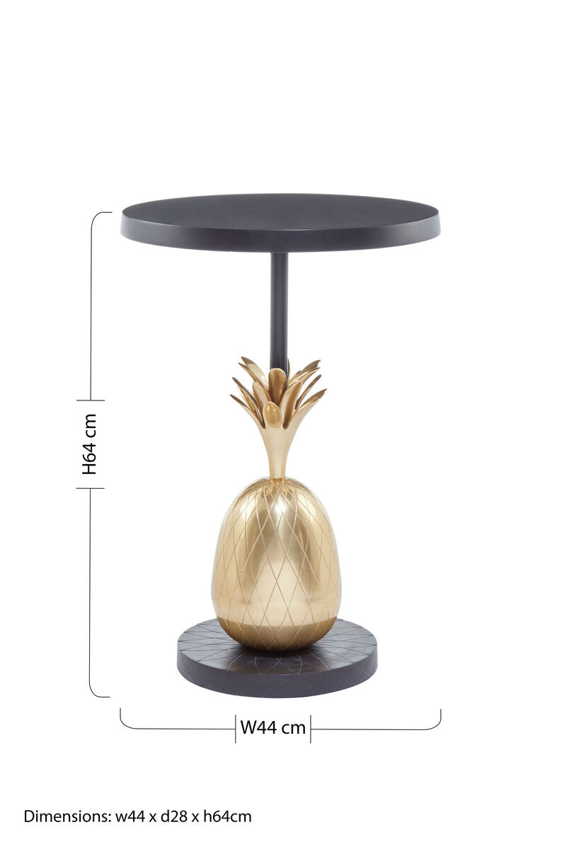 Black Iron Side Table With Antique Brass Pineapple Base, Boho