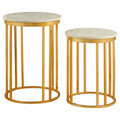 Set Of 2 Round White Marble Tops Side Tables With Rich Gold Metal Frame, Templar