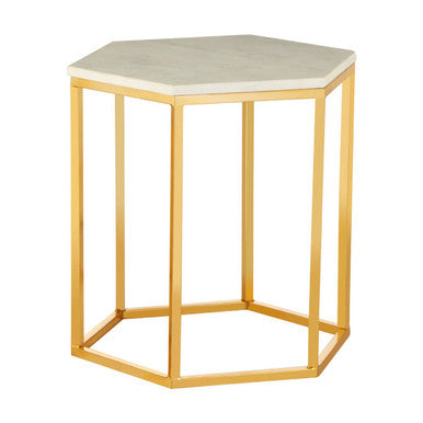 White Marble Tops Hexagonal Side Tables With Gold Metal Frame, Templar
