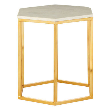 White Marble Tops Hexagonal Side Tables With Gold Metal Frame, Templar