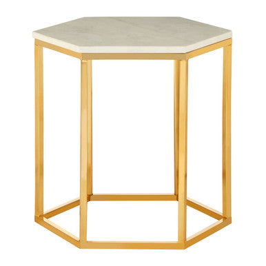 White Marble Tops Hexagonal Side Tables With Gold Metal Frame, Templar