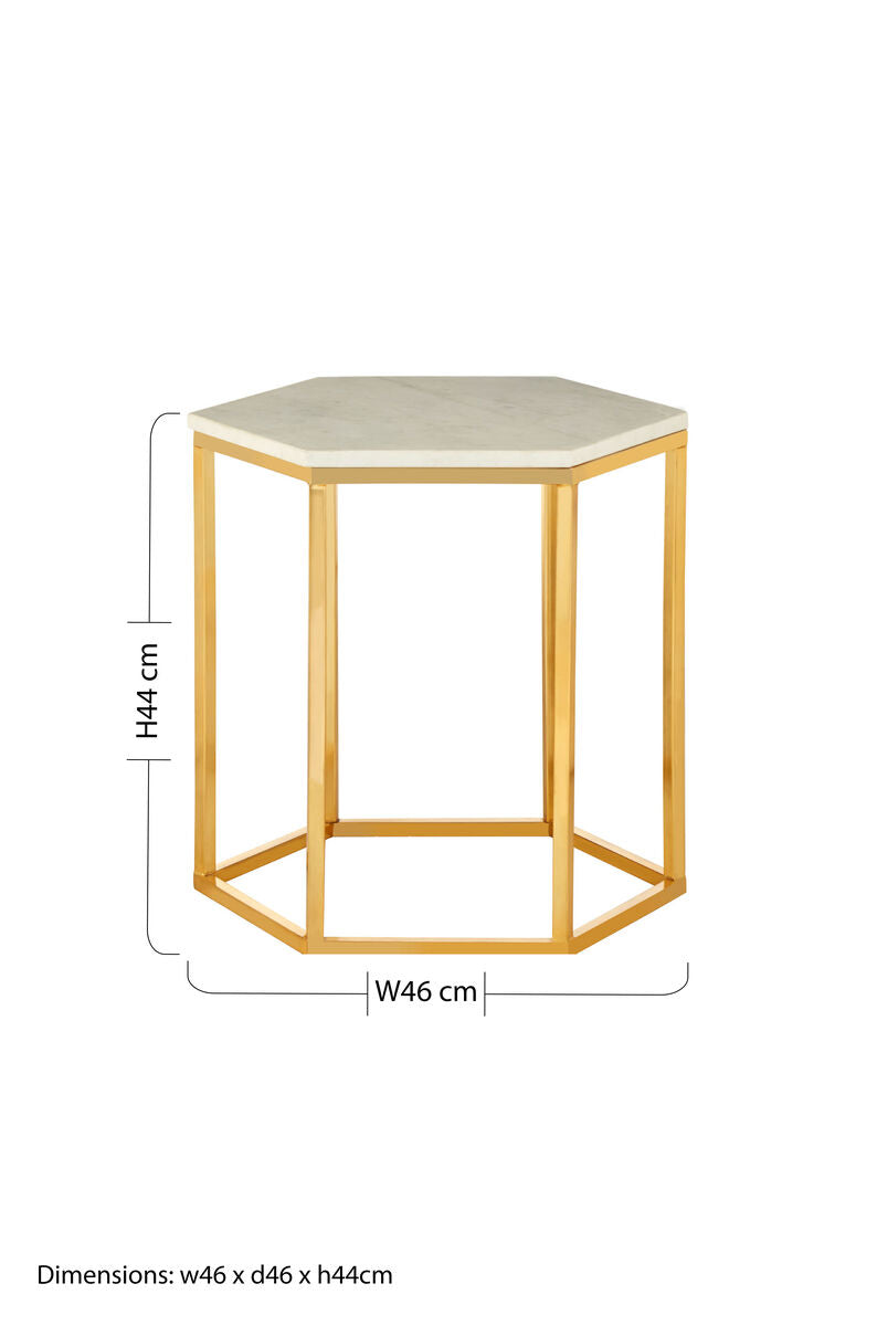 White Marble Tops Hexagonal Side Tables With Gold Metal Frame, Templar